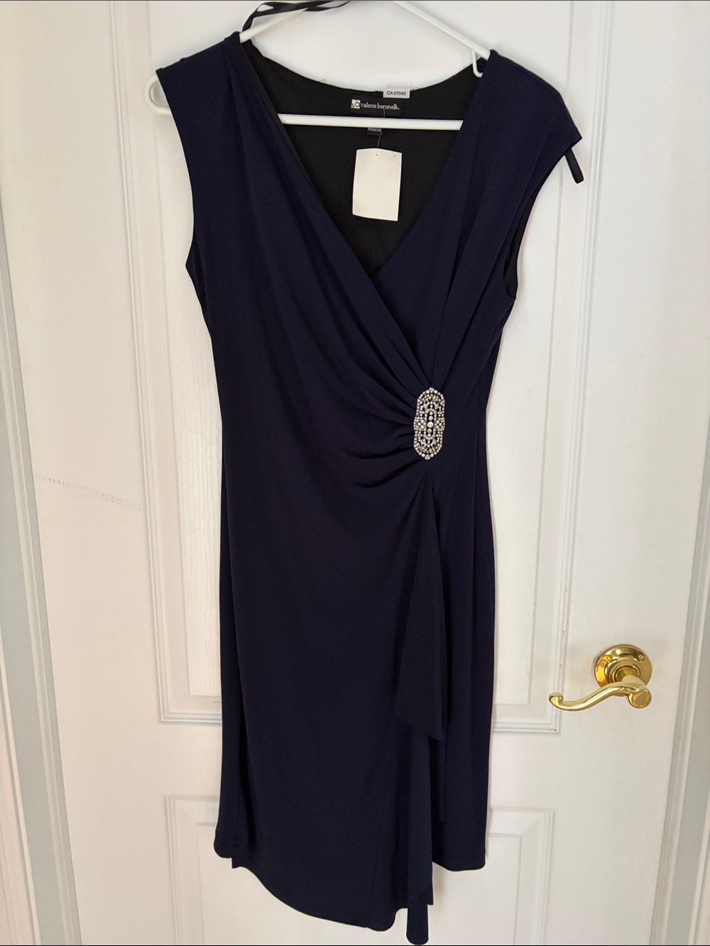 Valerie Bertinelli Navy Sleeveless Faux-Wrap Midi Dress with Crystal Brooch
